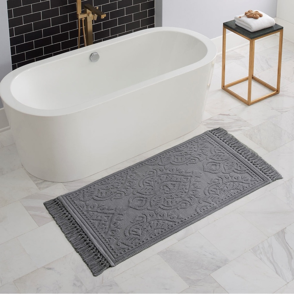 Jean Pierre Gray on gray floral design Cotton Fringe Bath/bedroom/room Rug